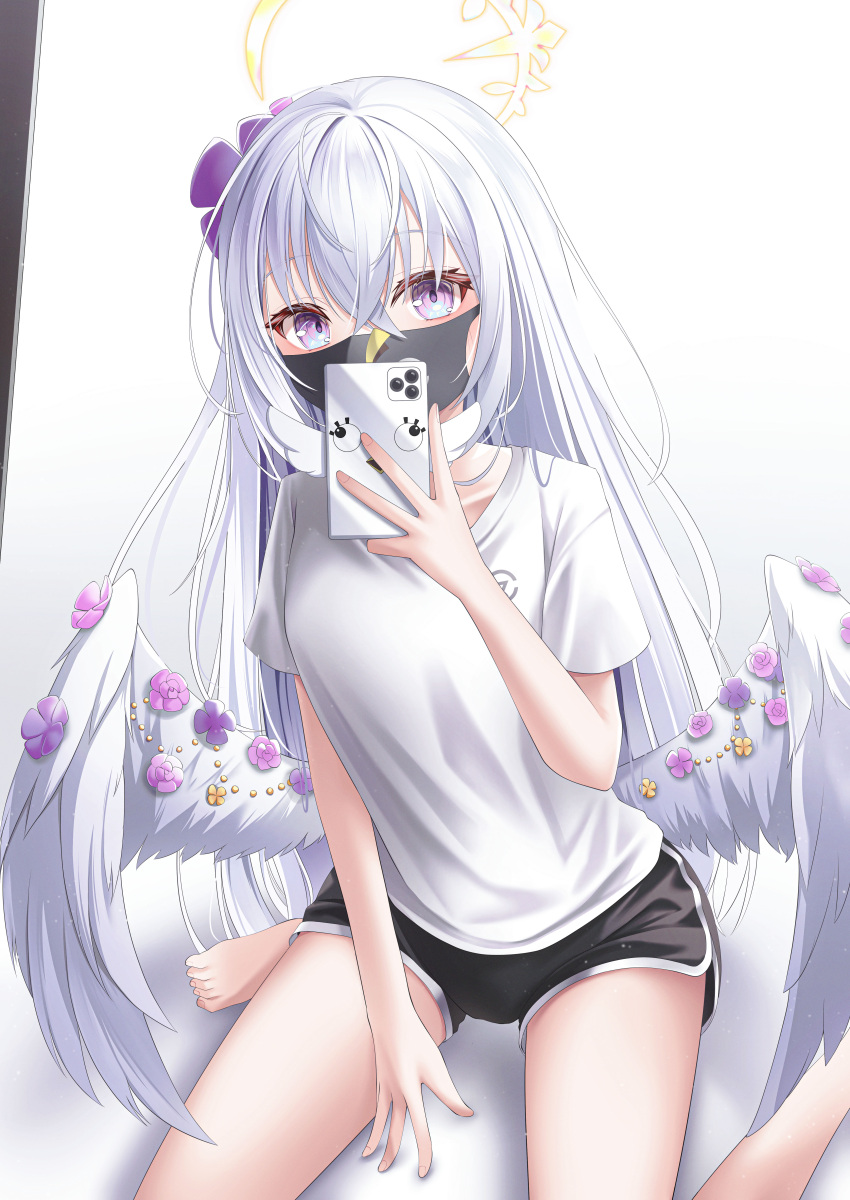 1girl absurdres azusa_(blue_archive) barefoot black_mask black_shorts blue_archive cellphone dolphin_shorts flower hair_flower hair_ornament halo highres holding holding_phone long_hair looking_at_viewer mask mouth_mask peroro_(blue_archive) phone shira_jun shirt shorts sitting smartphone solo violet_eyes wariza white_background white_shirt wings