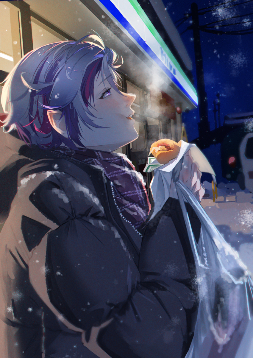 1boy bag black_coat breath chewing coat cold convenience_store eating eyelashes food from_side fuwa_minato hair_between_eyes highres holding holding_food looking_up male_focus multicolored_hair nijisanji plaid plaid_scarf pointy_ears power_lines scarf shop shopping_bag short_hair snow snow_on_body solo streaked_hair tebeneme3 teeth upper_teeth_only utility_pole violet_eyes virtual_youtuber winter winter_clothes winter_coat