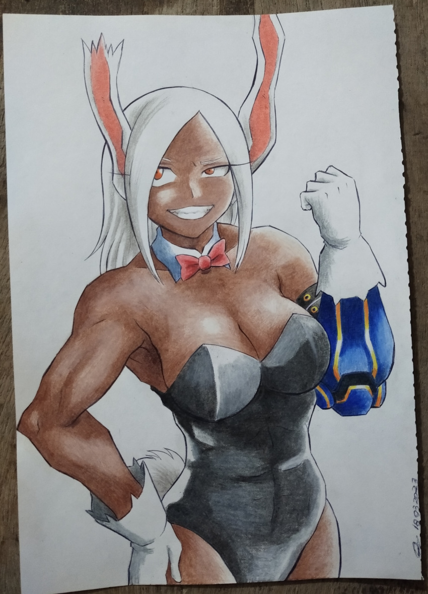 absurdres animal_ears armpits bare_shoulders boku_no_hero_academia bow bowtie breasts brown_eyes dark_skin gloves hand_on_own_hip highres large_breasts long_eyelashes long_hair mechanical_arms mirko muscular muscular_female mutilated naughty_face neck playboy_bunny punching rabbit_ears rabbit_tail red_ribbon ribbon shine shiny_skin shueisha single_mechanical_arm tail traditional_media weekly_shounen_jump white_gloves white_hair yamidanight