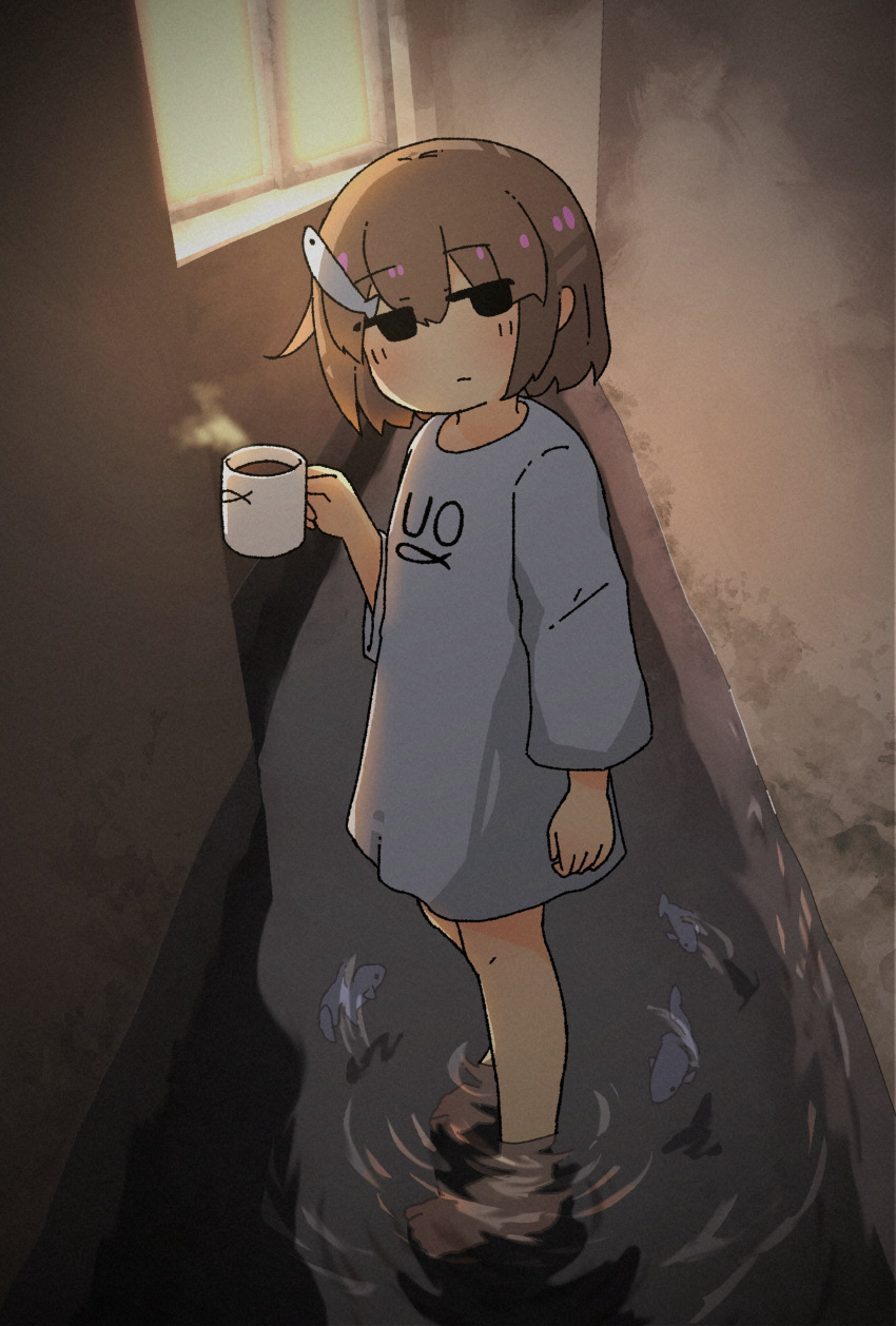 1girl absurdres arm_at_side barefoot black_eyes brown_hair closed_mouth cup fish fish_hair_ornament from_side full_body grey_shirt hair_ornament highres holding holding_cup indoors jitome kani_aji long_sleeves looking_at_viewer looking_to_the_side mug original oversized_clothes oversized_shirt print_shirt shirt short_hair solo standing steam wading water window