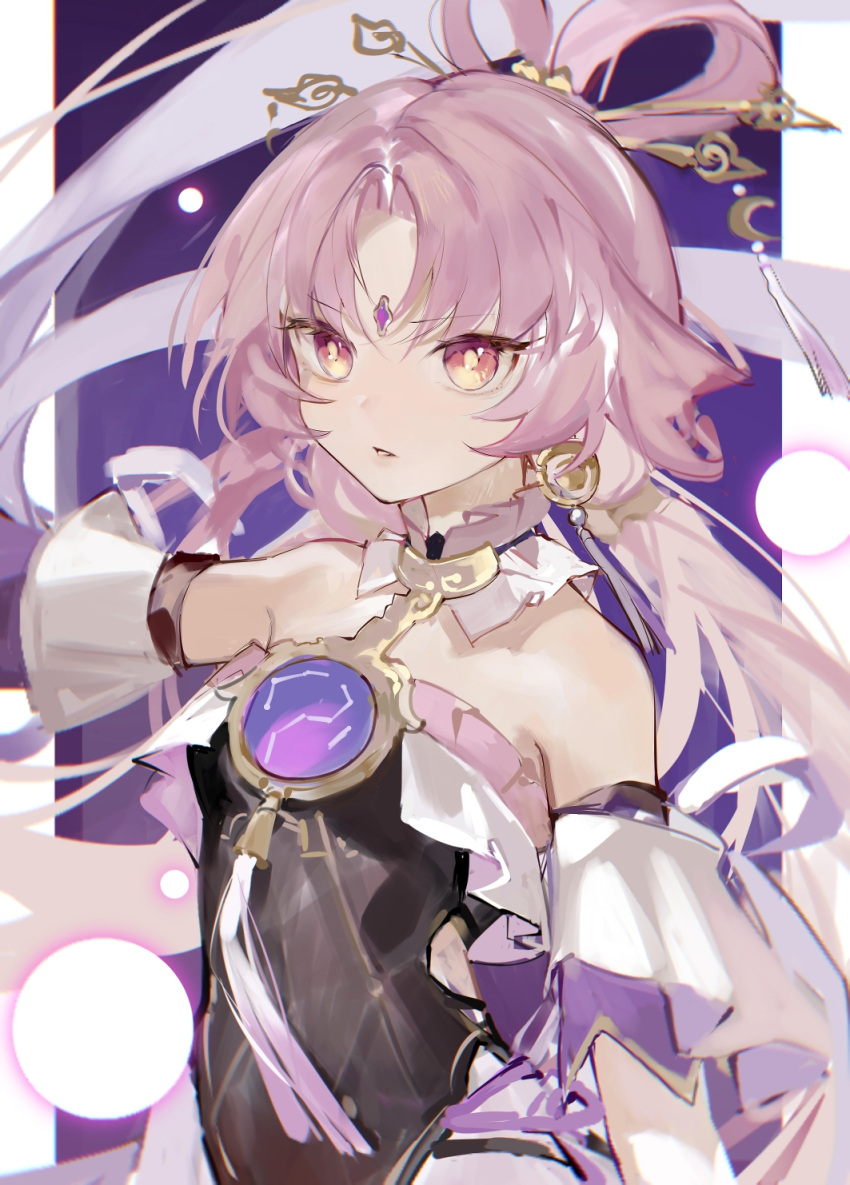 1girl arm_up bare_shoulders black_dress bow-shaped_hair constellation detached_sleeves dress earrings forehead_jewel fu_xuan_(honkai:_star_rail) gradient_eyes hair_ornament hair_stick highres honkai:_star_rail honkai_(series) jewelry long_hair looking_at_viewer multicolored_eyes parted_bangs parted_lips pink_eyes pink_hair pink_tassel single_earring solo tassel tassel_earrings tassel_hair_ornament twintails upper_body yinro