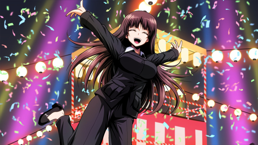 1girl :d arms_up black_jacket black_pants blunt_bangs brown_hair confetti dress_shirt facing_viewer girls_und_panzer highres jacket kamishima_kanon lantern leg_up long_hair long_sleeves mature_female night nishizumi_shiho open_mouth outstretched_arms pant_suit pants paper_lantern podium shirt smile solo spread_arms standing standing_on_one_leg straight_hair suit tracen_ondo_(song) white_shirt wing_collar
