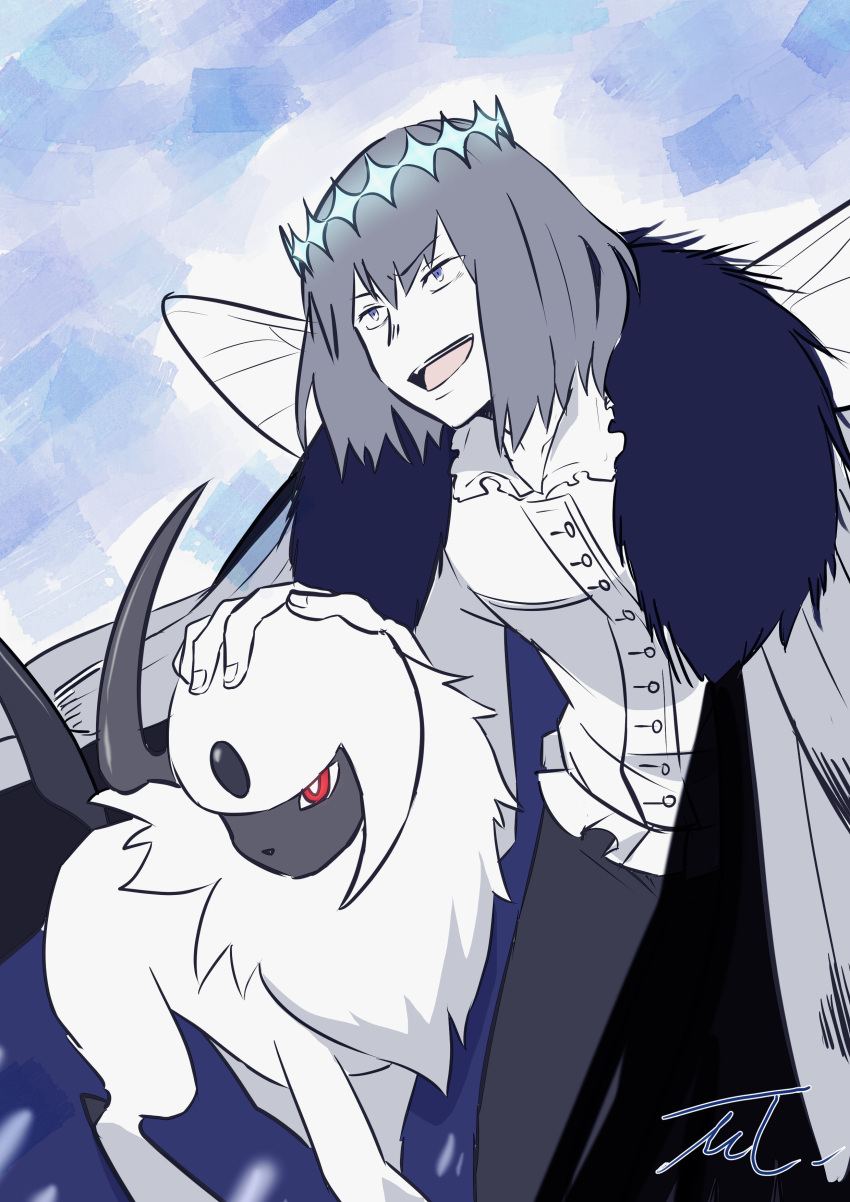1boy absol absurdres black_pants bright_pupils cloak collarbone crossover diamond_hairband dragonfly_wings dress_shirt fate_(series) fingernails frilled_shirt_collar frills fur-trimmed_cloak fur_trim grey_eyes grey_hair highres leaning_forward male_focus mmmpsychedelic138 oberon_(fate) oberon_(third_ascension)_(fate) open_mouth pants pokemon pokemon_(creature) red_eyes shirt signature teeth upper_teeth_only white_pupils white_shirt