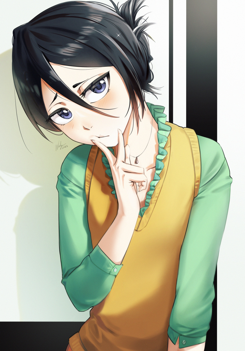 1girl absurdres black_hair bleach blush closed_mouth dated english_commentary finger_to_mouth green_shirt hair_between_eyes hairstyle_request highres jewelry kuchiki_rukia looking_at_viewer necklace orange_sweater_vest shirt short_hair signature solo sweater_vest violet_eyes waligner