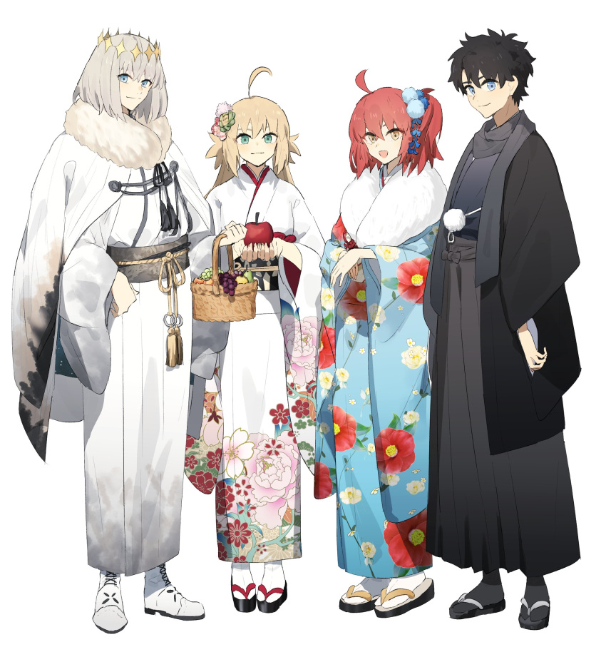 2boys 2girls absurdres ahoge apple artoria_caster_(fate) artoria_pendragon_(fate) black_hair black_kimono black_socks blonde_hair blue_kimono cape closed_mouth diamond_hairband fate/grand_order fate_(series) floral_print food fruit fruit_basket fujimaru_ritsuka_(female) fujimaru_ritsuka_(male) full_body fur-trimmed_cape fur_trim grapes green_eyes grey_hair hair_ornament highres holding holding_food holding_fruit japanese_clothes kimono looking_at_viewer multiple_boys multiple_girls ninjin_(ne_f_g_o) oberon_(fate) one_side_up open_mouth pear pom_pom_(clothes) pom_pom_hair_ornament red_apple redhead sandals simple_background smile socks twintails white_background white_cape white_footwear white_kimono white_socks wide_sleeves yellow_eyes
