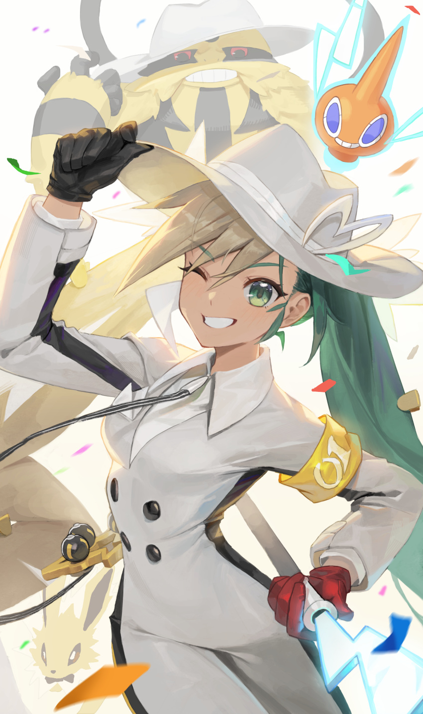 1girl absurdres armband asymmetrical_gloves black_gloves buttons cane collar electivire electric_miku_(project_voltage) f.k_(hs225kr) gloves green_eyes green_hair grin hat hatsune_miku highres holding holding_cane jolteon jumpsuit long_hair long_sleeves looking_at_viewer mismatched_gloves multicolored_hair necktie one_eye_closed pokemon project_voltage red_gloves rotom rotom_(normal) smile twintails very_long_hair vocaloid white_jumpsuit yellow_armband