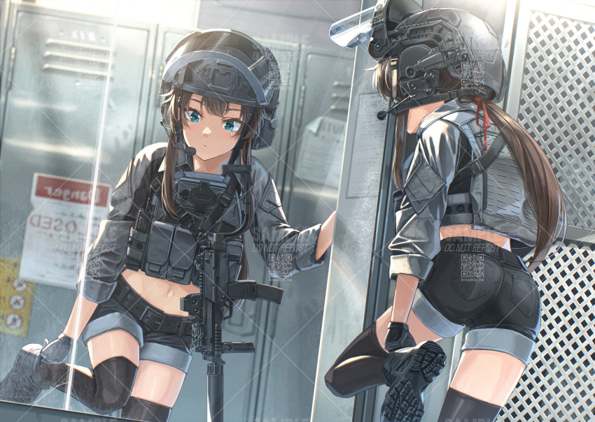 1girl adjusting_clothes adjusting_shoe ammunition_pouch ass belt black_thighhighs blue_eyes boots brown_hair combat_boots combat_helmet commission crop_top dreadtie gun h&amp;k_mp7 headset helmet highres midriff navel original plate_carrier ponytail pouch reflection short_shorts shorts skeb_commission skindentation submachine_gun tactical_clothes termichan_(not-a-bot) thigh-highs watermark weapon zettai_ryouiki