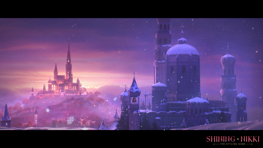 bell building castle city city_lights cityscape clouds cloudy_sky copyright_name dusk english_commentary highres night night_sky no_humans official_art official_wallpaper shining_nikki sky snow snowflakes snowing tree