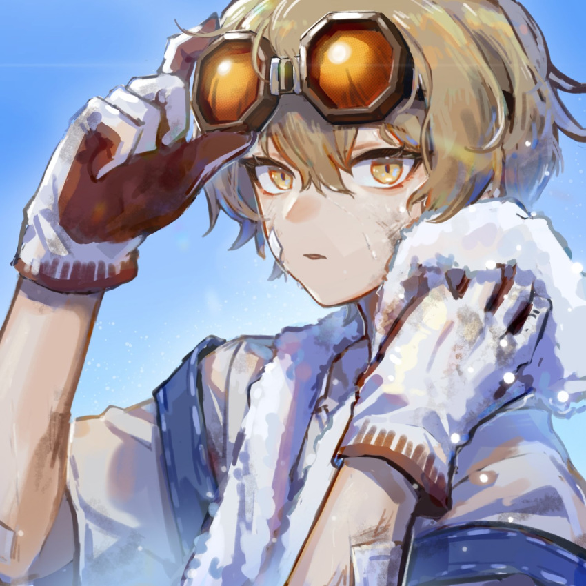 1boy bandaid bandaid_on_face blonde_hair blue_sky gloves goggles goggles_on_head highres limbus_company looking_at_viewer male_focus naked_towel overalls portrait project_moon shiqicheng shirt short_sleeves sinclair_(limbus_company) sky solo towel white_gloves white_shirt yellow_eyes