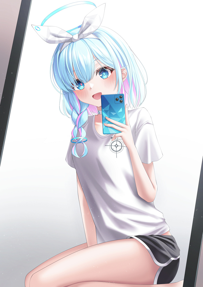 1girl absurdres arona_(blue_archive) between_legs black_shorts blue_archive blue_eyes blue_hair braid breasts cellphone dolphin_shorts hair_over_shoulder hair_ribbon halo hand_between_legs highres holding holding_phone light_blue_hair looking_at_viewer open_mouth phone ribbon seiza shira_jun shirt shorts sitting small_breasts smartphone smile solo white_ribbon white_shirt