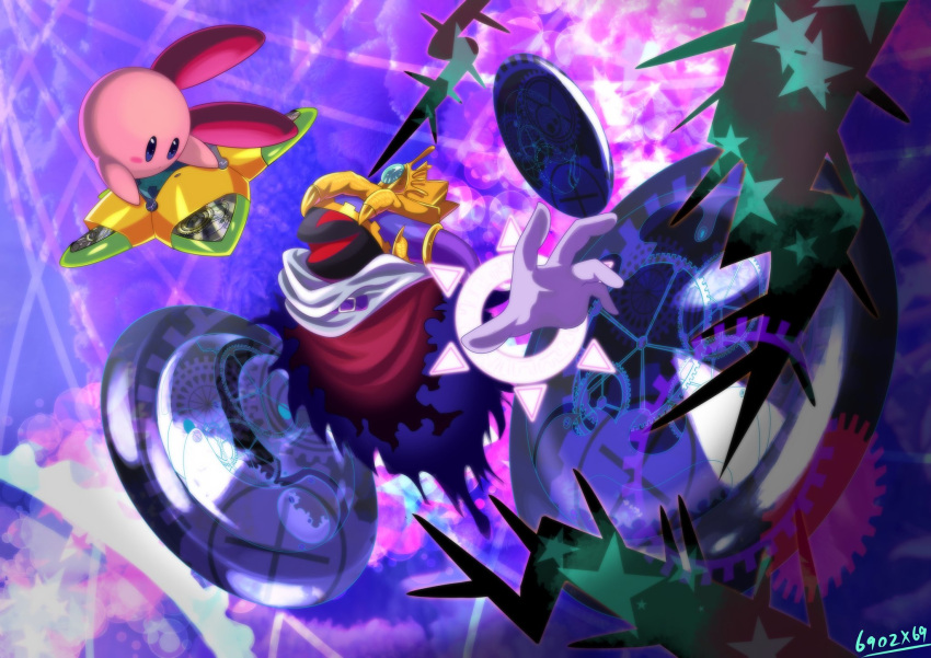 artist_name black_hole blue_eyes commentary_request crown disembodied_limb gears gloves hat highres horns kirby's_return_to_dream_land kirby_(series) looking_at_another magolor master_crown no_humans open_hand open_mouth red_eyes smile spoilers star_(symbol) takenokonoko thorns warp_star