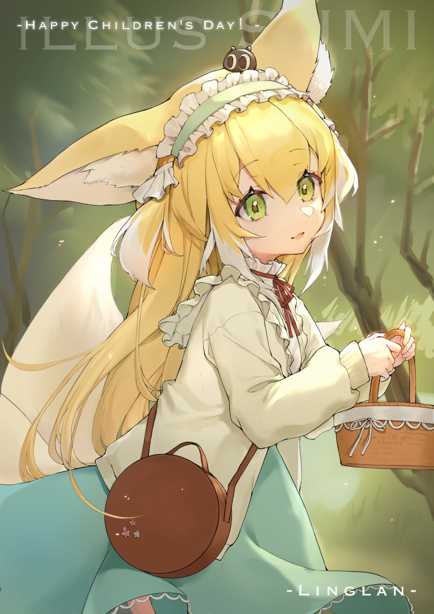 1girl absurdres animal_ear_fluff animal_ears aqua_hairband aqua_skirt arknights bag basket black_cat blonde_hair brown_bag cardigan cat chinese_commentary colored_tips commentary_request creature_on_head crossover english_text fox_ears fox_girl fox_tail frilled_hairband frills from_side green_eyes hairband handbag heixiu high-waist_skirt highres holding holding_basket kitsune kyuubi long_sleeves looking_at_viewer luo_xiaohei_zhanji multicolored_hair multiple_tails neck_ribbon official_alternate_costume on_head open_cardigan open_clothes parted_lips puffy_long_sleeves puffy_sleeves red_ribbon ribbon round_bag shirt shoulder_bag skirt solo sumi_(rainsun02) suzuran_(arknights) suzuran_(spring_praise)_(arknights) tail two-tone_hair white_hair white_shirt yellow_cardigan