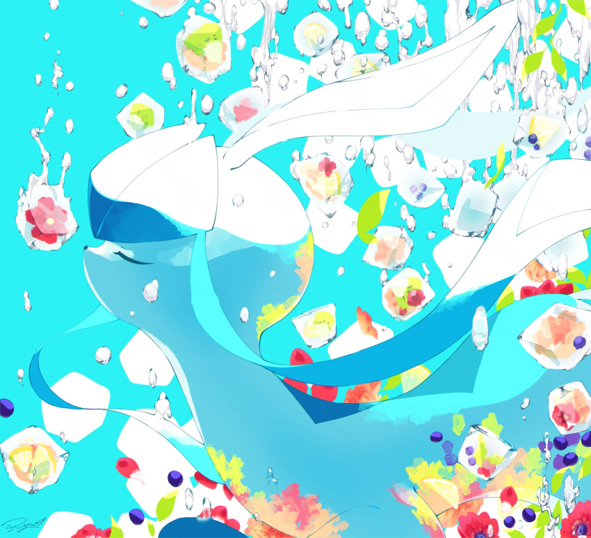 berry bubble closed_eyes flower from_side glaceon highres ice ice_cube leaf no_humans orange_flower pokemon pokemon_(creature) profile red_flower signature solo torimotoryu