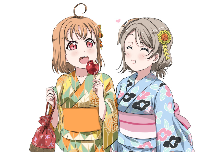 2girls ahoge bag blue_kimono blush brown_hair candy_apple closed_eyes closed_mouth cowboy_shot floral_print food green_kimono hair_ornament hands_up heart highres holding holding_bag holding_food japanese_clothes kimono long_sleeves looking_afar love_live! love_live!_sunshine!! mask medium_hair multiple_girls obi open_mouth orange_hair ponytail print_kimono red_eyes rippe sash simple_background smile takami_chika teeth twitter_username upper_teeth_only watanabe_you white_background wide_sleeves yukata