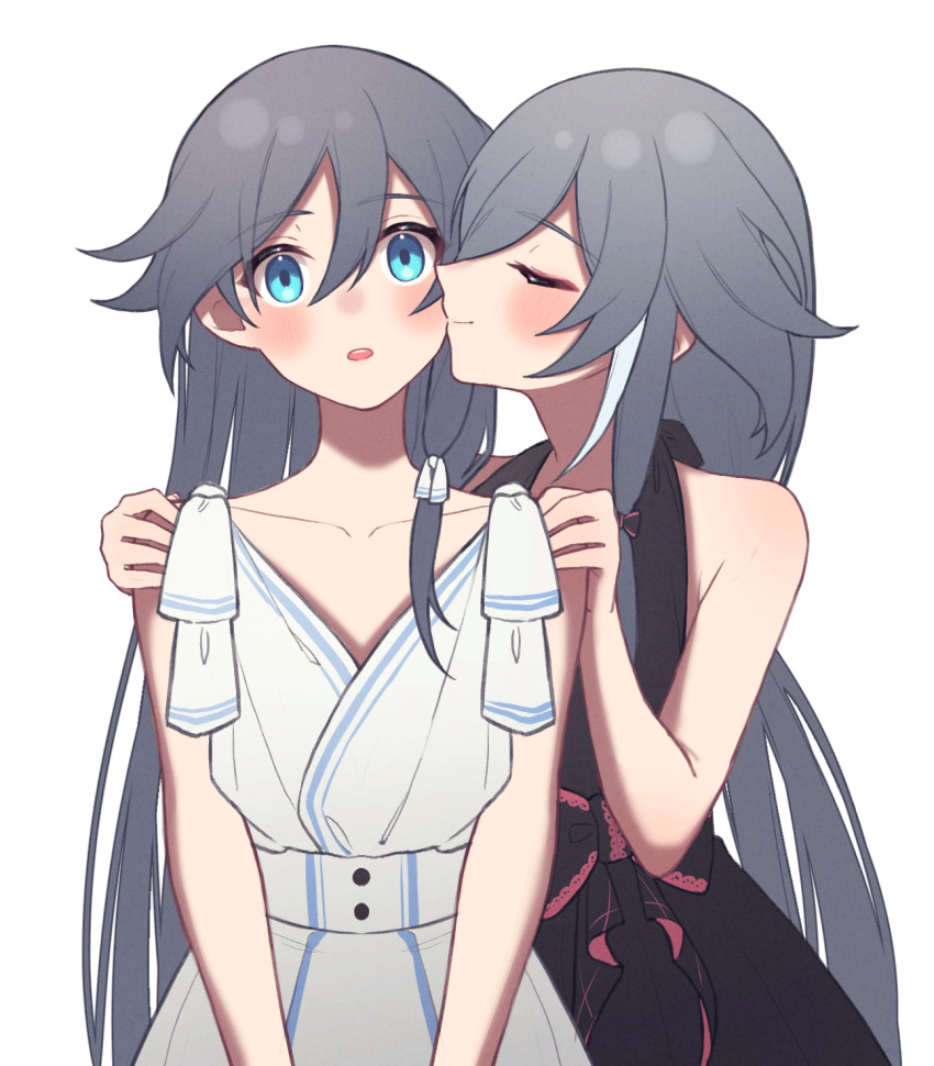 2girls :o alternate_costume black_dress blue_eyes blush breasts closed_eyes closed_mouth collarbone dress fu_hua fu_hua_(herrscher_of_sentience) grey_hair hair_between_eyes hand_on_another's_shoulder highres honkai_(series) honkai_impact_3rd kiss kissing_cheek long_hair multicolored_hair multiple_girls open_mouth selfcest simple_background sleeveless small_breasts smile streaked_hair upper_body white_background white_dress yunomi_(yunomi_hs) yuri