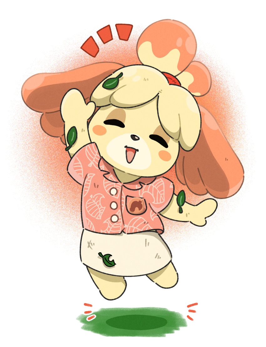 1girl ^_^ absurdres animal_crossing animal_ears appleq arm_up blush_stickers closed_eyes collared_shirt commentary_request dirty dirty_clothes dog_ears dress_shirt facing_viewer full_body furry furry_female grass highres isabelle_(animal_crossing) jumping leaf leaf_on_head leaf_print notice_lines pink_shirt print_shirt shirt skirt solo white_skirt