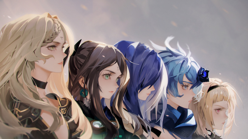 5girls armor black_choker black_ribbon blonde_hair blue_eyes blue_flower blue_hair blue_scarf braid braided_bangs breasts brown_hair choker close-up closed_mouth clouds cloudy_sky commentary drag-on_dragoon drag-on_dragoon_3 earrings facial_mark five_(drag-on_dragoon) flower forehead_mark four_(drag-on_dragoon) green_eyes hair_between_eyes hair_flower hair_ornament hair_over_eyes hair_ribbon hairband highres jewelry long_hair looking_to_the_side multiple_girls one_(drag-on_dragoon) outdoors pauldrons purple_hair red_eyes ribbon scarf shoulder_armor siblings single_braid sisters sky snow snowing standing takagi_masafumi three_(drag-on_dragoon) two_(drag-on_dragoon)