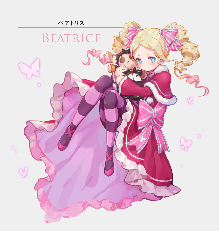 1girl beatrice_(re:zero) blonde_hair bug butterfly butterfly-shaped_pupils button_eyes capelet dress drill_hair english_text floating frilled_dress frills fur-trimmed_capelet fur_trim highres hugging_object natsuki_subaru on_kydong pantyhose pink_ribbon pout re:zero_kara_hajimeru_isekai_seikatsu re:zero_kara_hajimeru_isekai_seikatsu:_lost_in_memories red_capelet ribbon striped striped_pantyhose stuffed_toy track_suit twin_drills white_background