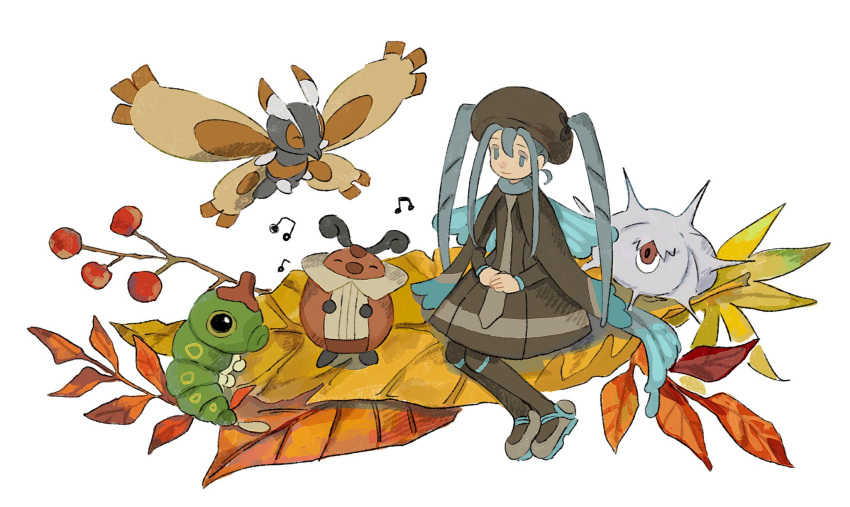 1girl blue_eyes blue_hair bug bug_miku_(project_voltage) caterpie closed_eyes closed_mouth dress full_body hair_between_eyes hands_on_lap hat hatsune_miku highres kebe6p kricketot leaf long_hair long_sleeves moth mothim musical_note pantyhose pokemon pokemon_(creature) project_voltage shoes silcoon simple_background sitting twintails vocaloid white_background