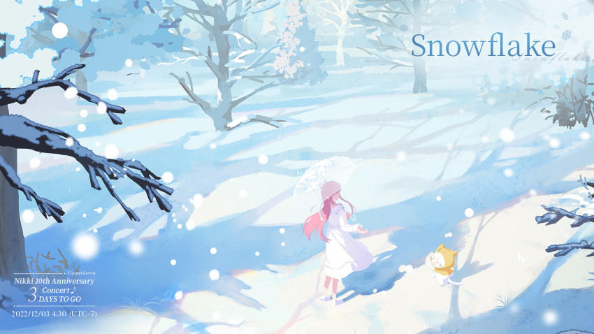 1girl anniversary bare_legs bare_tree branch dated day dress english_commentary english_text from_behind highres holding holding_umbrella infinity_nikki long_hair miracle_nikki momo_(miracle_nikki) nikki_(miracle_nikki) official_art outdoors pink_hair shadow shining_nikki snow snowing tree umbrella white_dress white_footwear wind yellow_cloak