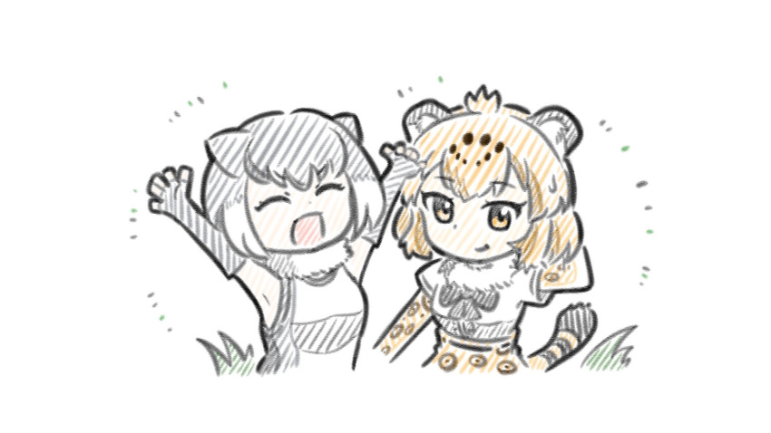 2girls :d ^_^ animal_ears appleq arm_behind_head arm_up armpits arms_up black_bow blonde_hair bow closed_eyes closed_mouth commentary_request elbow_gloves fingerless_gloves fur_collar gloves grey_gloves grey_hair high-waist_skirt highres jaguar_(kemono_friends) jaguar_ears jaguar_girl jaguar_tail kemono_friends multicolored_hair multiple_girls one-piece_swimsuit orange_eyes orange_gloves orange_skirt otter_ears shirt short_sleeves simple_background skirt small-clawed_otter_(kemono_friends) smile striped_tail swimsuit tail two-tone_hair white_background white_hair white_one-piece_swimsuit white_shirt