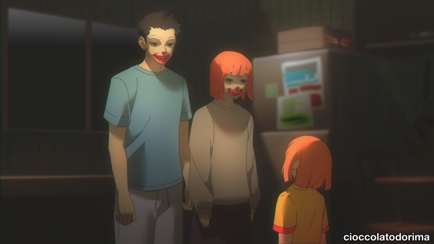 1boy 2girls artist_name black_hair black_skirt blue_shirt blurry blurry_background brown_sweater cioccolatodorima clown_mask family father_and_daughter grey_pants highres horror_(theme) indoors looking_at_another mask mcdonald's mother_and_daughter multiple_girls orange_hair orange_shirt pants parody red_shirt shirt short_hair short_sleeves skirt sweater two-tone_shirt window yoru_mac