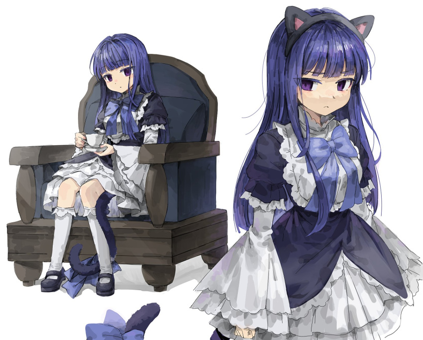 1girl animal_ears black_dress black_footwear blue_bow blunt_bangs blunt_ends bow bow_legwear cat_ears cat_tail chair clenched_hand closed_mouth colored_eyelashes commentary cowboy_shot cup dress dress_bow empty_eyes eyes_visible_through_hair fake_animal_ears frederica_bernkastel frilled_dress frilled_sleeves frilled_socks frills frown full_body ghkdakrh1129 hair_intakes highres hime_cut holding holding_cup holding_saucer kneehighs korean_commentary layered_dress long_hair looking_at_viewer mary_janes multiple_views parted_lips puffy_sleeves purple_hair saucer shoes sidelocks simple_background sitting socks tail tail_bow tail_ornament teacup umineko_no_naku_koro_ni violet_eyes white_background white_socks wide_sleeves witch