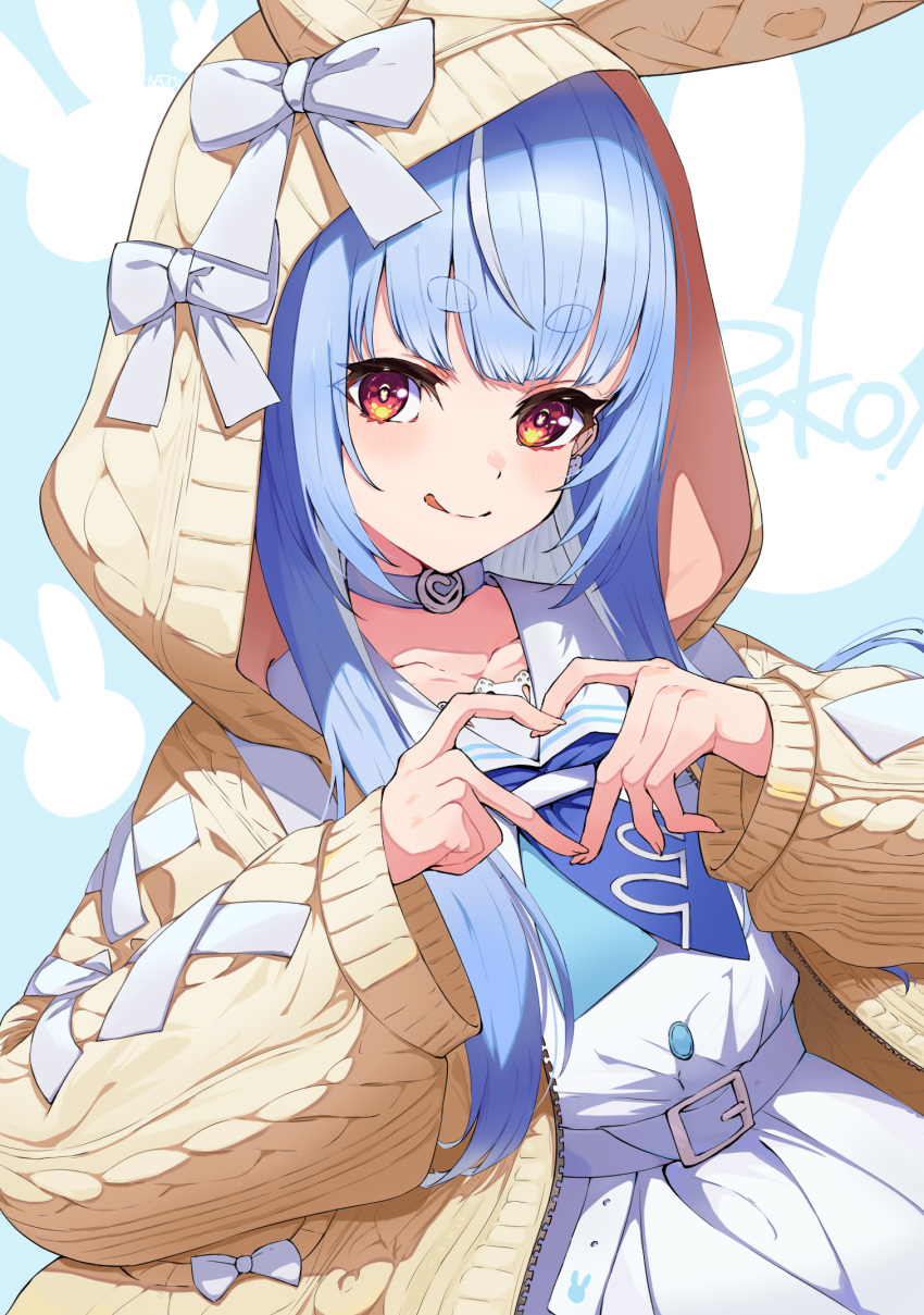 1girl :q animal_hood aran_sweater belt blue_hair blue_jacket blue_neckerchief blunt_bangs blush brown_cardigan cable_knit cardigan choker cross-laced_clothes cross-laced_sleeves dress fur-trimmed_jacket fur_trim hair_over_shoulder highres hikimayu holding_hands hololive hood hooded_cardigan jacket long_hair long_sleeves looking_at_viewer multicolored_hair nazca_(yhan_mie) neckerchief official_alternate_costume official_alternate_hairstyle open_cardigan open_clothes orange_eyes puffy_short_sleeves puffy_sleeves rabbit-shaped_pupils rabbit_hood red_eyes sailor_collar sailor_dress short_eyebrows short_sleeves sidelocks smug solo streaked_hair sweater symbol-shaped_pupils thick_eyebrows tongue tongue_out two-tone_hair upper_body usada_pekora usada_pekora_(4th_costume) virtual_youtuber white_belt white_choker white_dress white_hair white_sailor_collar