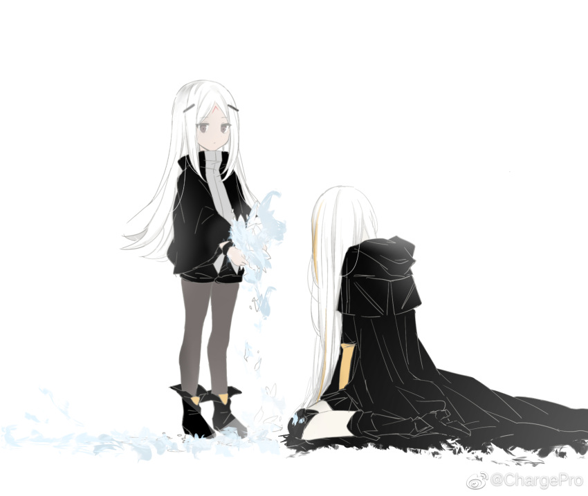 2girls black_bracelet black_capelet black_footwear black_jacket black_shorts blonde_hair boots brown_eyes brown_pantyhose capelet closed_mouth commentary dark-skinned_female dark_skin elisa_(girls'_frontline) epiphyllum expressionless facial_mark flower forehead_mark full_body girls_frontline giving hair_ornament head_down high_heel_boots high_heels highres holding holding_flower jacket knee_boots kneeling long_hair long_sleeves looking_at_another m16a1_(boss)_(girls'_frontline) m16a1_(girls'_frontline) multicolored_hair multiple_girls pantyhose puffy_shorts sangvis_ferri shadow71580825 shirt shorts simple_background standing streaked_hair very_long_hair weibo_logo weibo_username white_background white_hair yellow_shirt