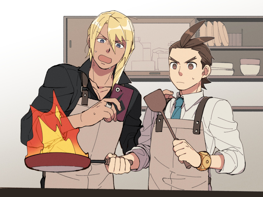 2boys ace_attorney antenna_hair apollo_justice apron aqua_necktie black_shirt blonde_hair blue_eyes bowl bracelet brown_eyes brown_hair cellphone closed_mouth collared_shirt cupboard dark-skinned_male dark_skin failure fire flambe forked_eyebrows frying_pan grey_apron hair_between_eyes hand_on_another's_shoulder holding holding_frying_pan holding_phone holding_spatula indoors jewelry kitchen klavier_gavin male_focus multiple_boys necktie nennen_(nene19515) open_collar open_mouth phone popped_collar shirt sleeves_rolled_up smartphone spatula sweat upper_body v-shaped_eyebrows