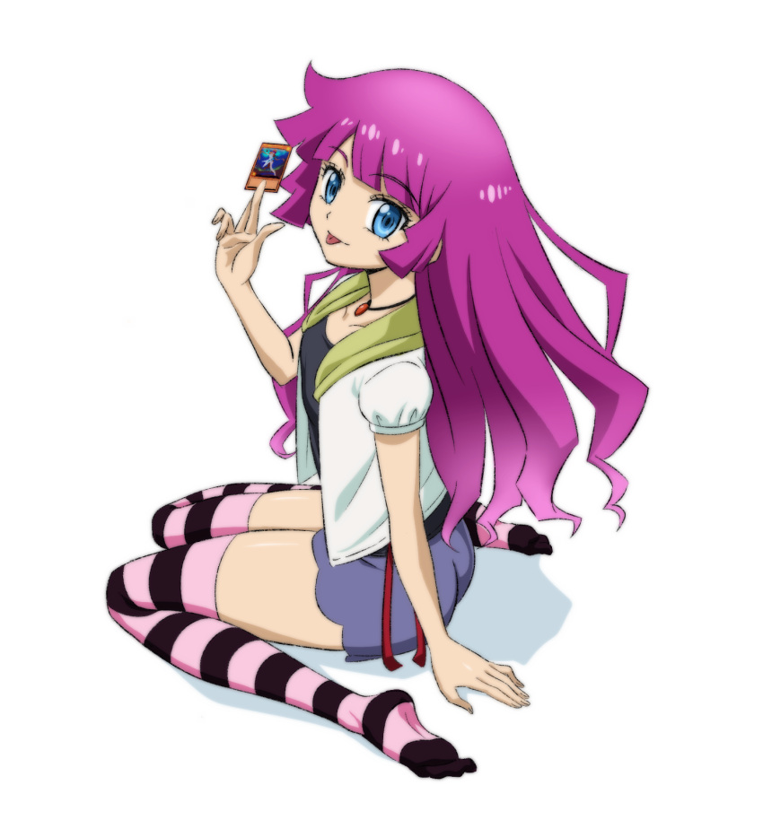 1girl black_shirt card highres hiroki_(vvkagerouvvr2) holding holding_card jewelry kirishima_romin long_hair looking_at_viewer looking_up necklace on_floor prima_guitarna_the_shining_superstar purple_hair shirt simple_background sitting striped striped_thighhighs thigh-highs tongue tongue_out very_long_hair white_background yu-gi-oh! yu-gi-oh!_sevens