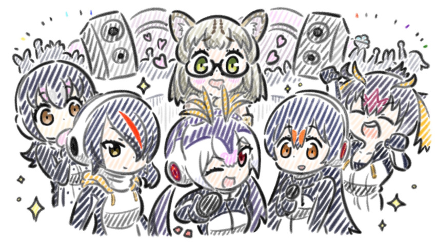 6+girls :d ;d ^_^ animal_ear_fluff animal_ears appleq arm_up black-framed_eyewear black_hair blonde_hair blush brown_eyes clenched_hands closed_eyes commentary_request concert drooling emperor_penguin_(kemono_friends) gentoo_penguin_(kemono_friends) green_eyes hair_over_one_eye headphones heart highres holding holding_microphone humboldt_penguin_(kemono_friends) jacket kemono_friends margay_(kemono_friends) microphone mouth_drool multicolored_hair multiple_girls notice_lines one_eye_closed orange_hair penguins_performance_project_(kemono_friends) people pink_hair purple_hair red_eyes rockhopper_penguin_(kemono_friends) royal_penguin_(kemono_friends) semi-rimless_eyewear simple_background smile sparkle speaker streaked_hair teeth under-rim_eyewear upper_teeth_only white_background white_hair white_jacket
