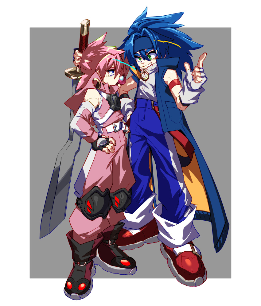 2boys absurdres arm_behind_head belt black_footwear black_gloves blue_coat blue_eyes blue_hair blue_pants bodysuit boots bubble_blowing chewing_gum coat detached_sleeves fingerless_gloves from_side full_body gloves green_eyes hand_on_own_hip headband highres holding holding_sword holding_weapon kamota_(momokomati) kirby kirby_(series) knee_pads low_ponytail multiple_boys pants personification pink_bodysuit pink_hair pointing red_footwear single_vertical_stripe sleeveless sleeveless_coat sleeveless_jumpsuit sleeveless_turtleneck smile sonic_(series) sonic_the_hedgehog spiky_hair super_smash_bros. sword thick_eyebrows turtleneck weapon white_gloves