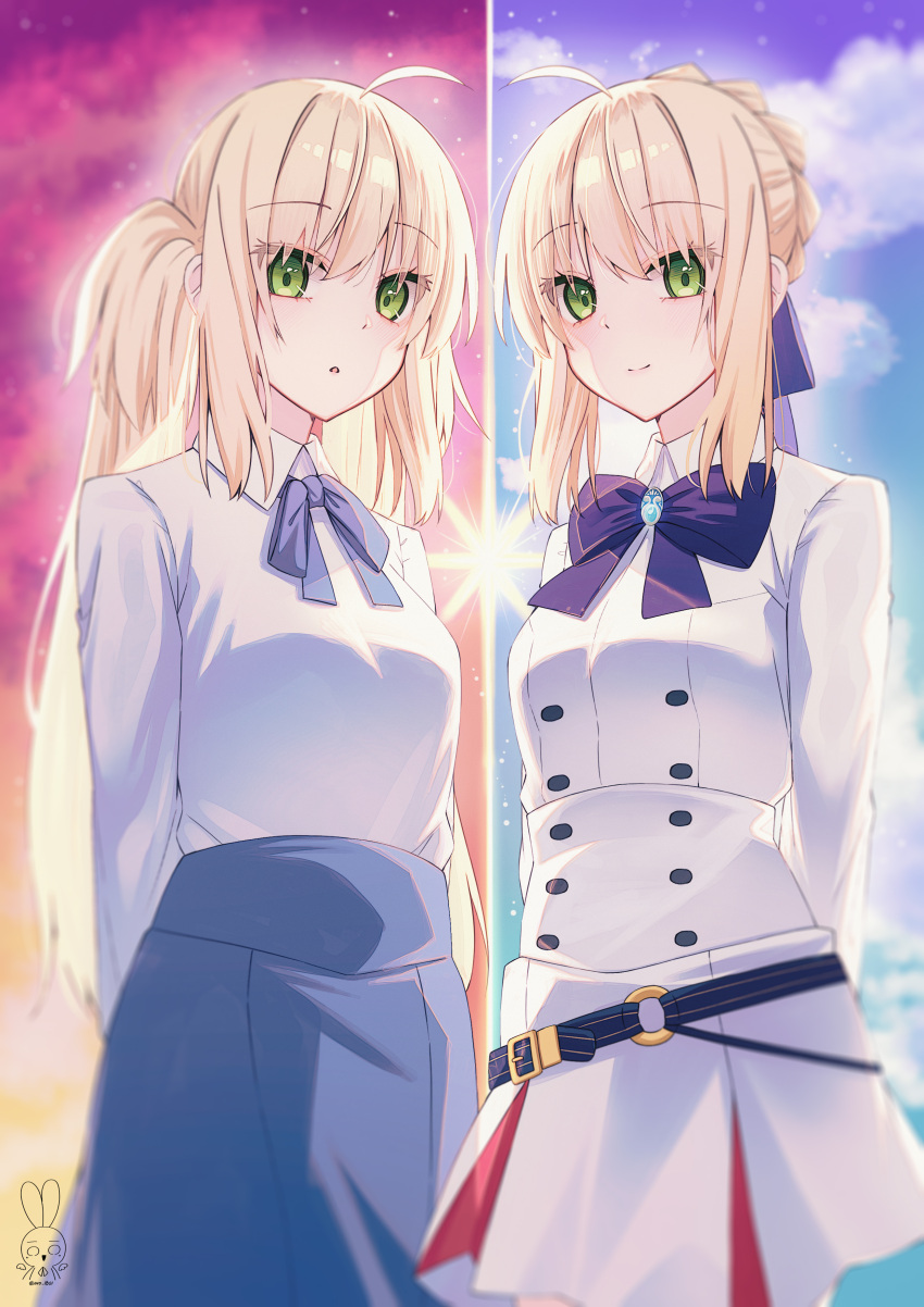2girls absurdres ahoge alternate_costume arms_behind_back aro_1801 artoria_caster_(fate) artoria_caster_(fate)_(cosplay) artoria_pendragon_(fate) belt blonde_hair blue_belt blue_bow blue_bowtie blue_ribbon blue_skirt blue_sky bow bowtie clouds commentary_request cosplay costume_switch dress dual_persona fate/grand_order fate_(series) green_eyes hair_ribbon highres long_hair long_sleeves looking_at_viewer multiple_girls orange_sky ribbon saber saber_(cosplay) shirt short_hair skirt sky smile twintails twitter_username very_long_hair white_dress white_shirt