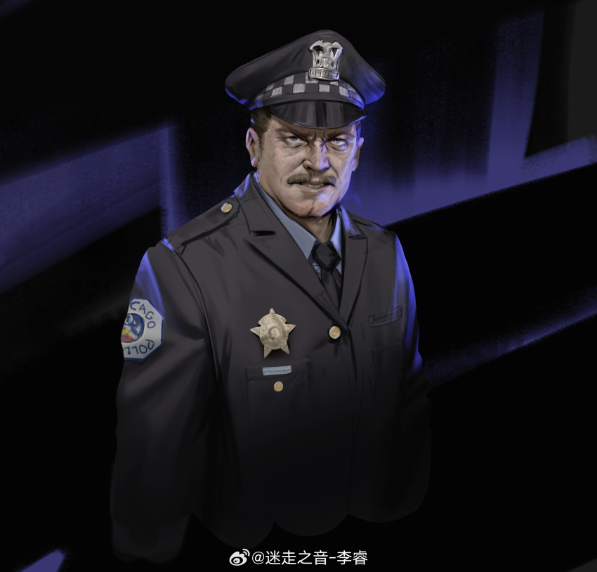 1boy absurdres black_jacket black_necktie blue_eyes brown_hair chinese_commentary cleft_chin commentary_request facial_hair hat highres jacket male_focus mustache necktie original police police_badge police_hat police_uniform policeman rui_li serious solo uniform upper_body watermark