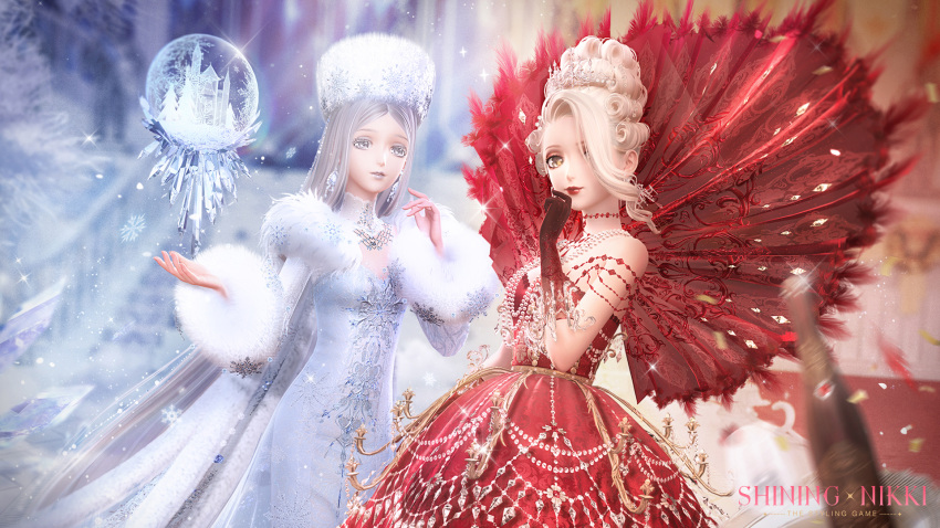 2girls 3d bare_shoulders blurry blurry_background bottle breasts choker copyright_name crown dress earrings english_commentary gloves hair_bun hand_on_own_chin highres ice jewelry long_hair looking_at_viewer medium_breasts multiple_girls official_art official_wallpaper red_dress red_gloves shining_nikki siblings sisters snow snow_globe snowflakes white_choker white_dress white_eyes white_hair white_headwear wine_bottle yellow_eyes