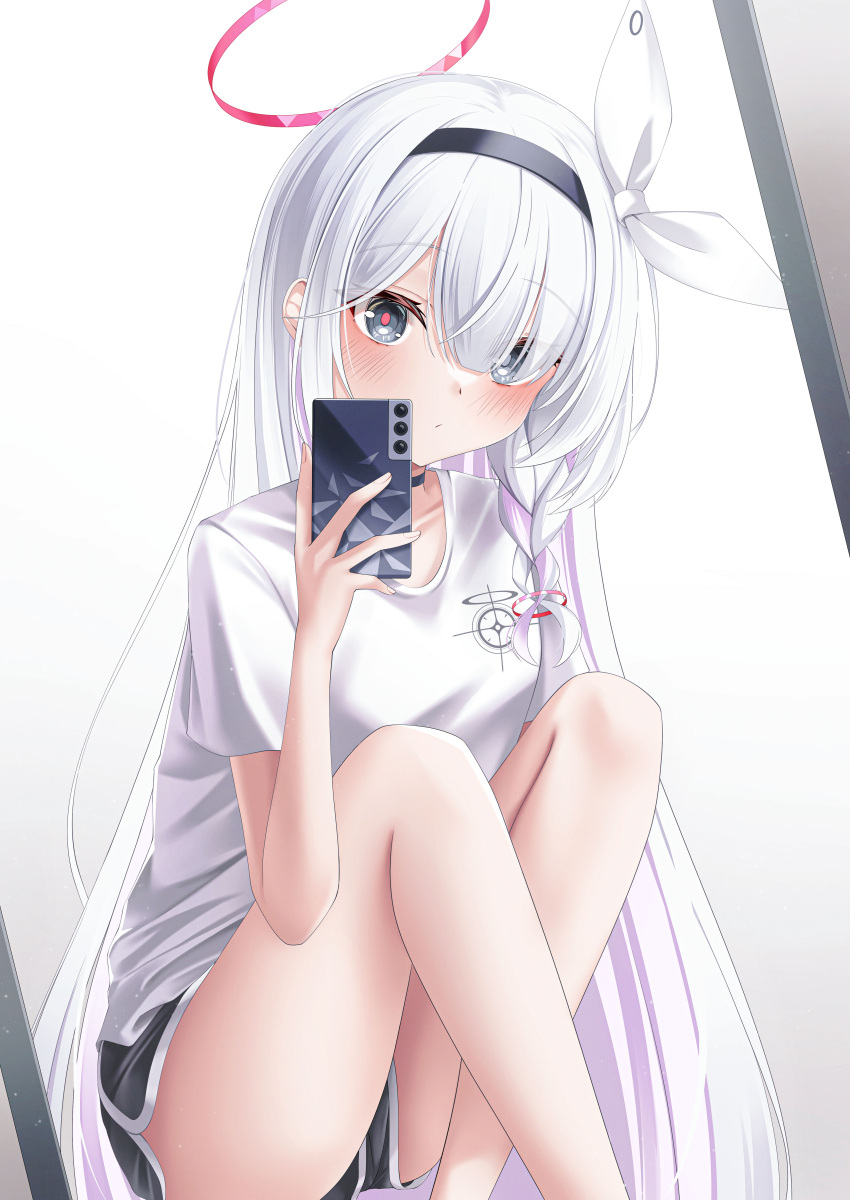 1girl absurdres black_eyes blue_archive cellphone commentary dolphin_shorts hair_ribbon hairband halo highres holding holding_phone long_hair phone plana_(blue_archive) red_pupils ribbon shira_jun shirt shorts smartphone solo very_long_hair white_hair white_ribbon white_shirt