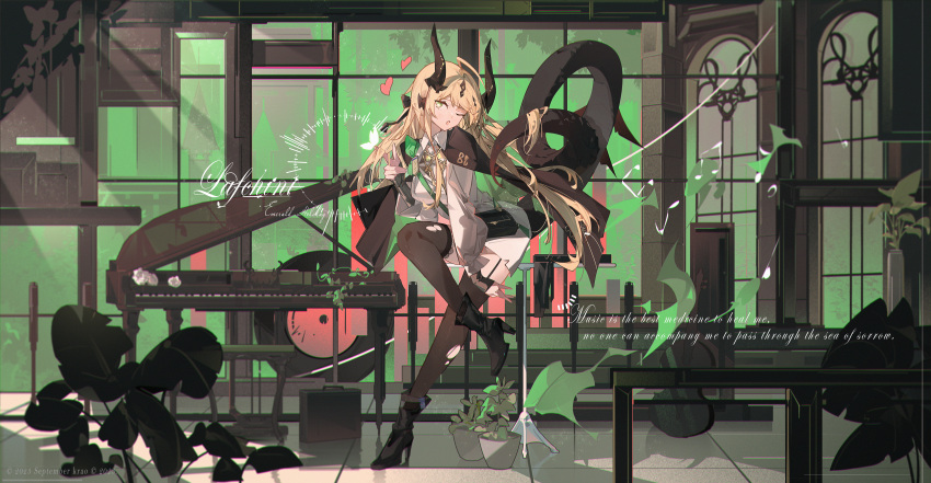 1girl ;o absurdres arknights artist_name black_bag black_footwear black_jacket black_thighhighs blonde_hair boots collared_shirt dragon_girl dragon_horns dragon_tail english_text garter_straps green_eyes heart high_heel_boots high_heels highres horns instrument jacket jacket_on_shoulders krao long_hair long_sleeves looking_at_viewer mixed-language_commentary musical_note official_alternate_costume one_eye_closed open_mouth piano plant potted_plant reed_(arknights) reed_(emerald_holiday)_(arknights) shirt solo suitcase tail thigh-highs torn_clothes torn_thighhighs twirling_hat very_long_hair white_shirt wide_shot window