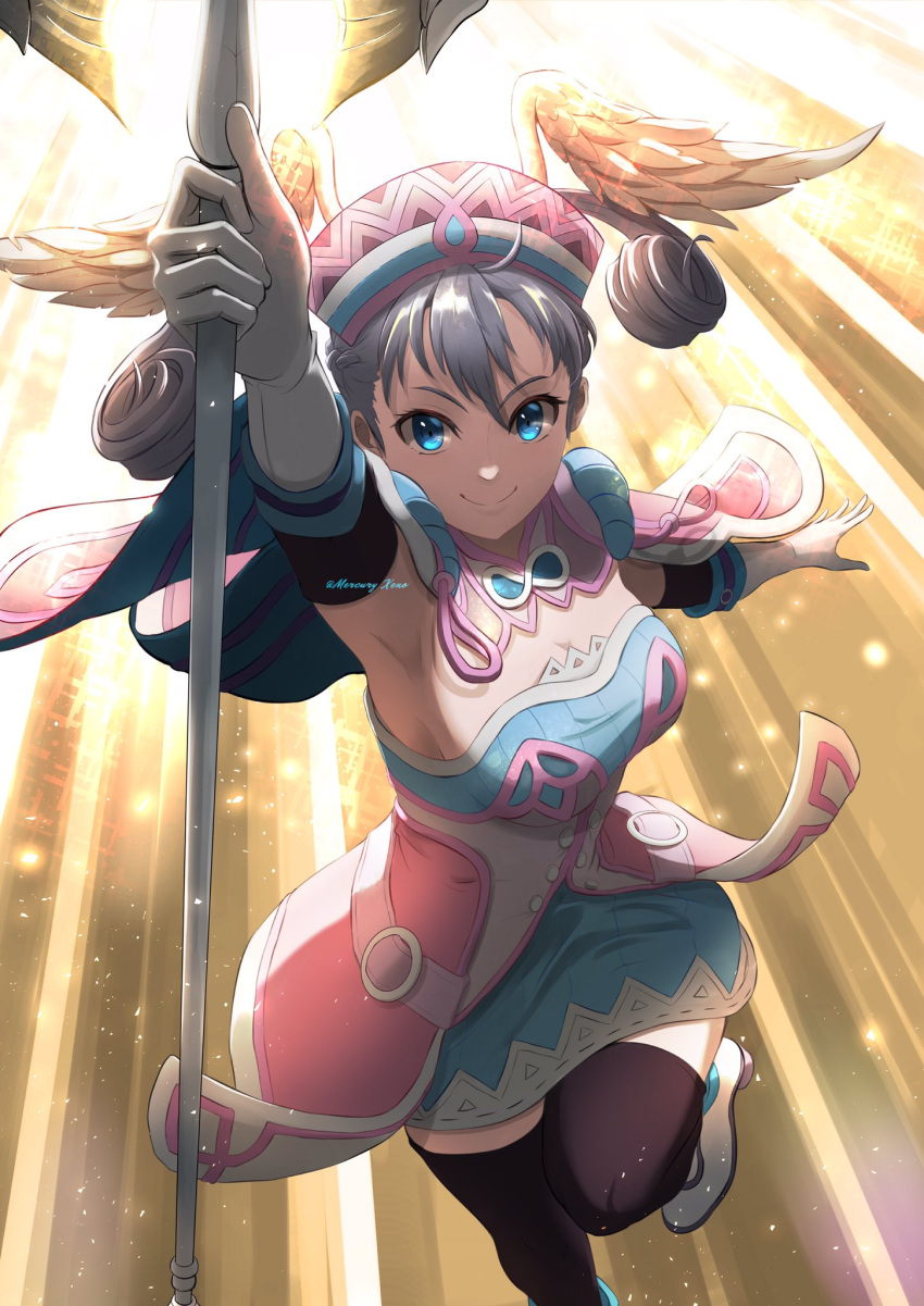 1girl blue_eyes breasts commentary_request curly_hair detached_sleeves dress gloves grey_hair head_wings highres holding holding_staff looking_at_viewer medium_breasts melia_antiqua mercury_xeno short_dress smile solo staff thigh-highs twintails wings xenoblade_chronicles_(series) xenoblade_chronicles_1
