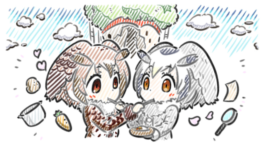 2girls appleq blue_sky blush brown_eyes brown_hair brown_jacket brown_wings carrot chips_(food) clouds commentary_request cooking_pot cropped_torso curry curry_rice day eurasian_eagle_owl_(kemono_friends) feeding food fur_collar grey_hair grey_jacket grey_wings hair_between_eyes head_wings heart highres holding holding_plate holding_spoon jacket kemono_friends ladder long_sleeves magnifying_glass multicolored_hair multiple_girls northern_white-faced_owl_(kemono_friends) outdoors plate potato_chips rice sky spoon tree two-tone_hair upper_body white_hair wings