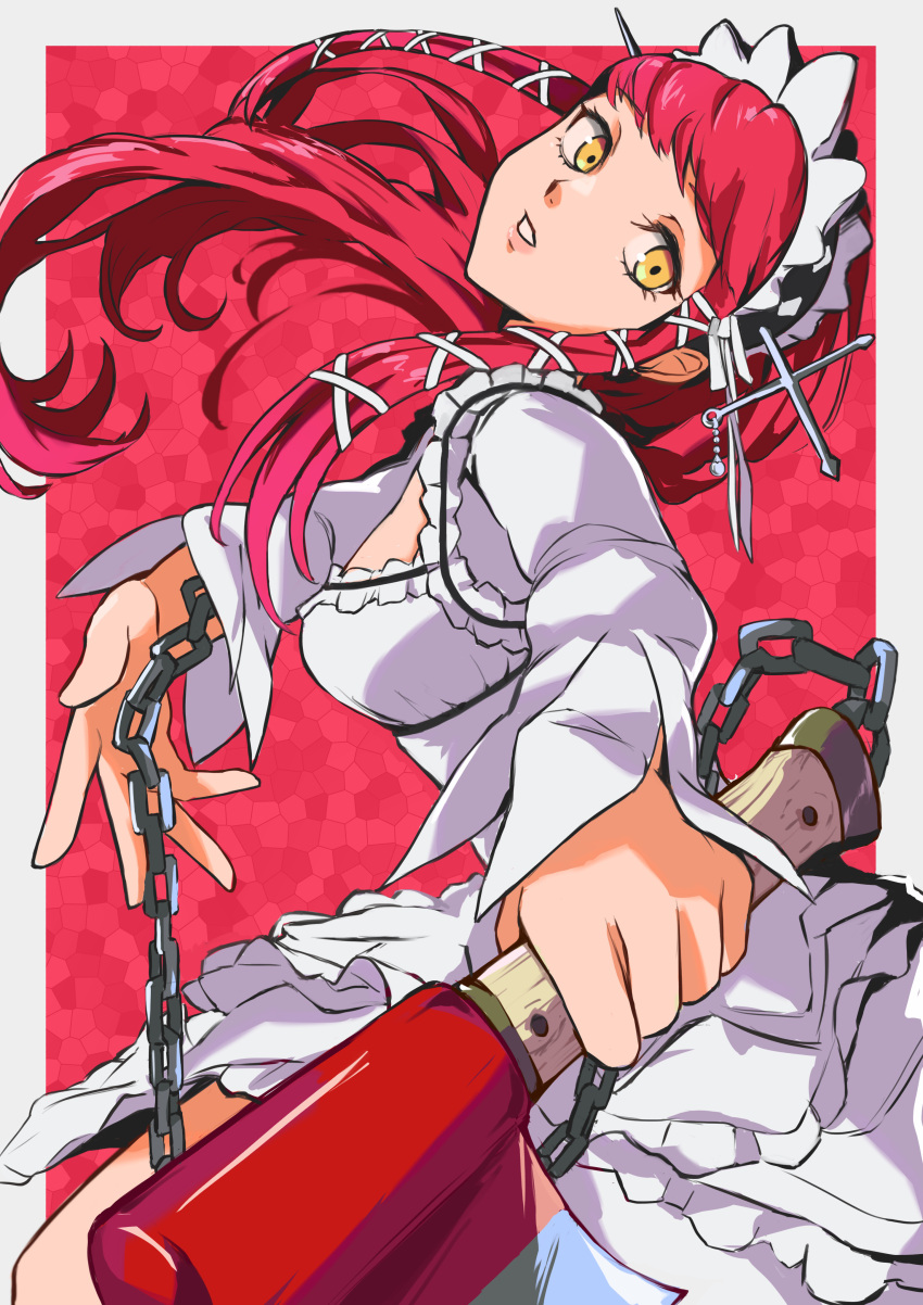 1girl absurdres axe border chain commentary dress floating_hair frilled_dress frills hair_ornament head_tilt headdress highres holding holding_axe holding_weapon lips long_hair long_sleeves looking_at_viewer outside_border parted_lips pekeponn persona persona_3 red_background redhead shaft_look simple_background solo weapon white_border white_dress white_headdress yellow_eyes yoshino_chidori