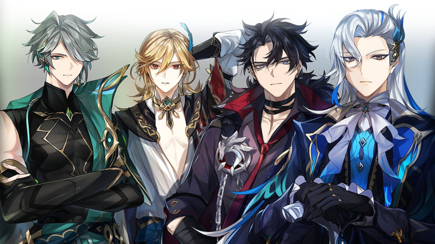 4boys ahoge alhaitham_(genshin_impact) arm_up ascot asymmetrical_bangs bandaged_arm bandaged_neck bandages black_gloves black_hair black_shirt blonde_hair blue_coat blue_hair blue_sash brooch cable cane cape chain chest_jewel closed_mouth coat coat_on_shoulders collarbone collared_shirt commentary_request crossed_arms ear_piercing earrings expressionless feather_hair_ornament feathers frilled_sleeves frills fur-trimmed_coat fur_trim gem genshin_impact gloves gold_trim gradient_background green_cape green_eyes green_gemstone green_hair grey_background grey_hair grey_vest hair_between_eyes hair_ornament hair_over_one_eye hands_up headphones highres jewelry kaveh_(genshin_impact) lapels long_hair long_sleeves looking_at_viewer male_focus multicolored_hair multiple_boys necklace necktie neuvillette_(genshin_impact) one_eye_covered parted_bangs parted_lips partially_fingerless_gloves piercing raiseafuture red_cape red_eyes red_necktie sash scar scar_on_face scar_on_neck shirt short_hair shoulder_cape sidelocks simple_background sleeve_cuffs sleeveless sleeveless_shirt streaked_hair stud_earrings swept_bangs vest violet_eyes white_ascot white_background white_gloves white_hair white_shirt wriothesley_(genshin_impact)