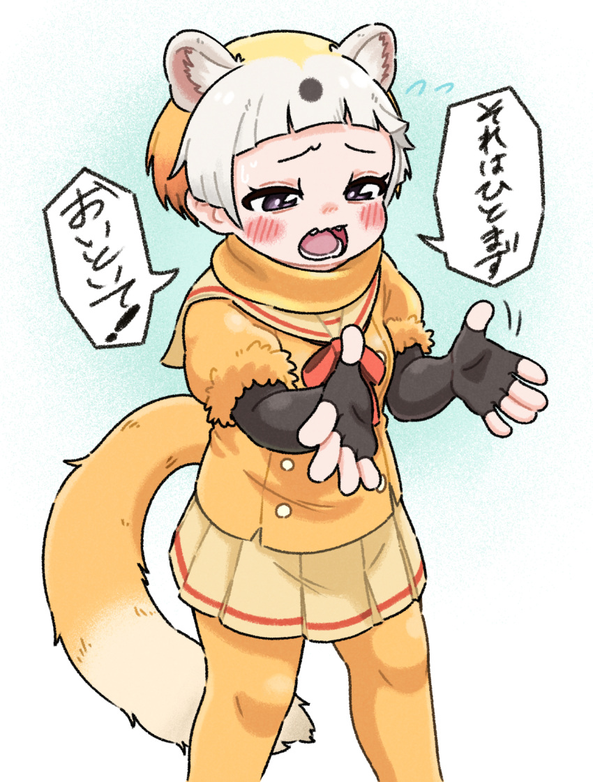 1girl animal_ear_fluff animal_ears appleq black_gloves bow brown_sailor_collar brown_skirt commentary_request elbow_gloves feet_out_of_frame fingerless_gloves flying_sweatdrops gloves grey_hair highres japanese_marten_(kemono_friends) kemono_friends multicolored_hair open_mouth orange_hair orange_pantyhose orange_shirt pantyhose pleated_skirt puffy_short_sleeves puffy_sleeves red_bow sailor_collar shirt short_hair short_sleeves skirt solo standing tail translation_request two-tone_hair violet_eyes