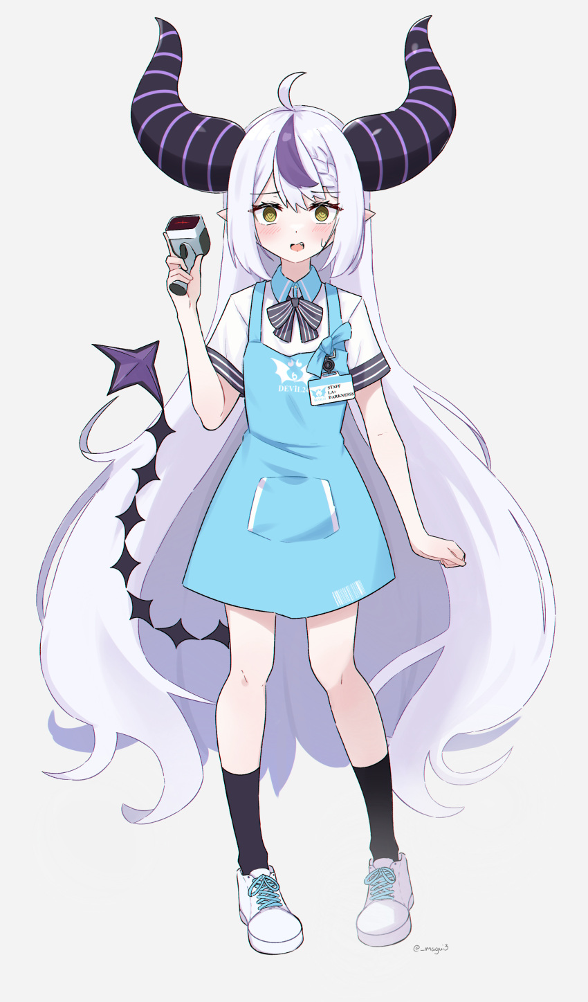 1girl @_@ absurdres ahoge angel's_24_uniform_(blue_archive) apron aqua_apron barcode_scanner black_bow black_bowtie black_socks blue_apron bow bowtie braid braided_bangs demon_girl demon_horns demon_tail english_commentary fang full_body grey_hair highres holding_scanner hololive horns id_card la+_darknesss long_hair looking_at_viewer magui3 multicolored_hair open_mouth pointy_ears purple_hair purple_horns shirt shoes short_sleeves simple_background socks solo standing streaked_hair striped striped_bow striped_bowtie striped_horns tail very_long_hair virtual_youtuber white_background white_footwear white_shirt yellow_eyes