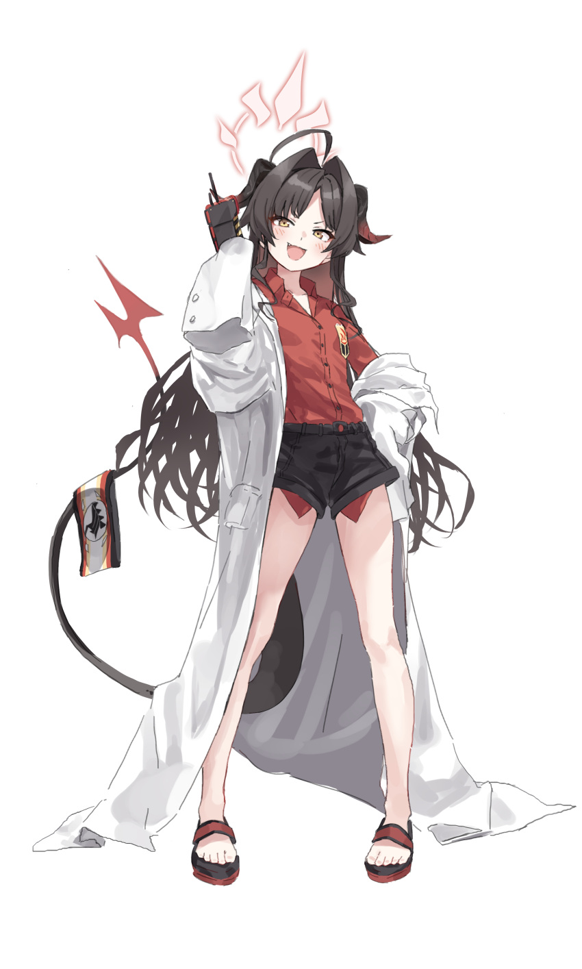 1girl absurdres ahoge armband between_legs black_hair blue_archive breasts coat collarbone demon_horns demon_tail detonator drill_hair feet halo highres holding horns huge_ahoge kasumi_(blue_archive) long_hair long_sleeves looking_at_viewer open_clothes open_coat red_shirt sandals shirt short_shorts shorts simple_background small_breasts smile solo standing tail tail_between_legs toes toshizou_(0714) white_background white_coat yellow_eyes