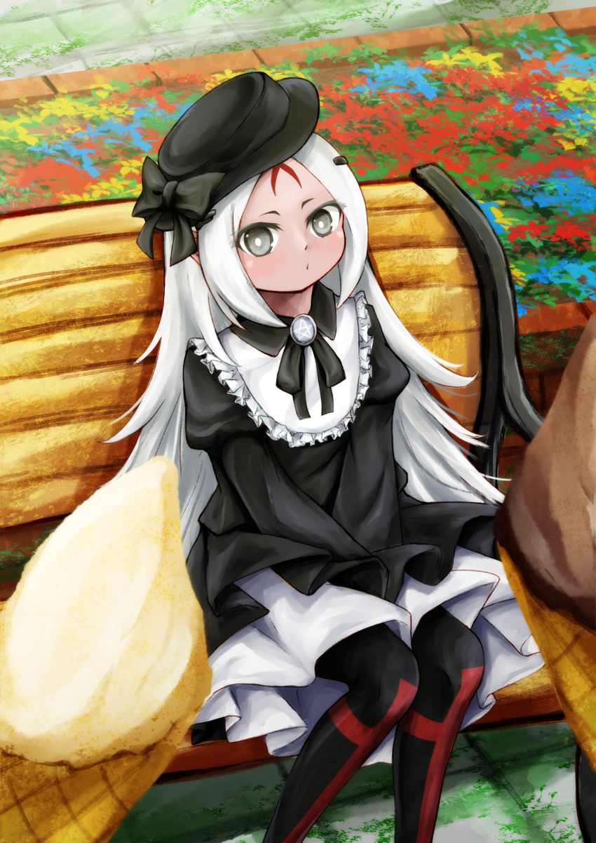 1girl alternate_costume bench between_legs black_bow black_dress black_eyes black_headwear black_pantyhose black_ribbon blush bow brooch casual chocolate commentary_request cross_print dark-skinned_female dark_skin day dress elisa_(girls'_frontline) facial_mark feet_out_of_frame flower forehead_mark frills girls_frontline gothic_lolita hair_ornament hat hat_bow highres holding_ice_cream_cone ice_cream_cone jewelry logia13laplace lolita_fashion long_hair long_sleeves looking_at_viewer moss neck_ribbon outdoors pantyhose parted_lips pentagram pov print_pantyhose puffy_long_sleeves puffy_sleeves ribbon sangvis_ferri sitting sitting_on_bench skirt solo vanilla white_hair white_skirt