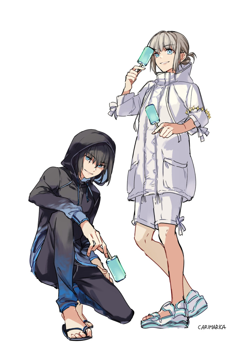 2boys black_hair black_jacket black_pants blue_eyes carimarica coat dual_persona fate/grand_order fate_(series) fingernails food full_body grey_hair highres holding holding_food holding_popsicle hood hood_up hooded_coat hooded_jacket jacket long_sleeves male_focus multiple_boys oberon_(fate) oberon_(third_ascension)_(fate) official_alternate_costume pants pocket popsicle sandals shorts signature simple_background white_background white_coat white_footwear white_shorts