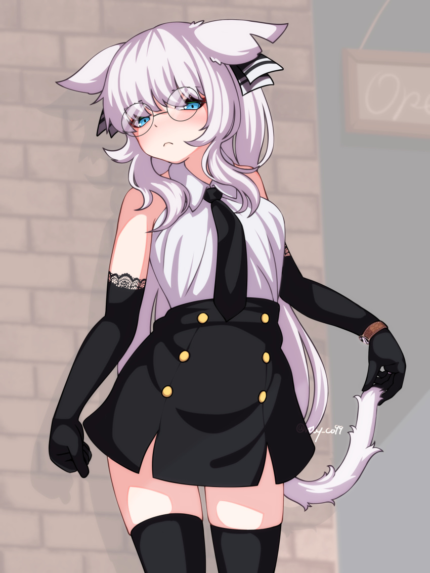 1girl animal_ears bare_shoulders black_gloves black_necktie black_skirt black_thighhighs blue_eyes bow brave_sword_x_blaze_soul closed_mouth collared_shirt commentary_request cropped_legs dress_shirt elbow_gloves gloves hair_bow hair_over_shoulder high-waist_skirt highres holding_own_tail long_hair looking_at_viewer necktie outdoors ray_co99 round_eyewear shirt signature skirt sleeveless sleeveless_shirt solo striped striped_bow tail thigh-highs watch watch white_hair white_shirt wing_collar zettai_ryouiki