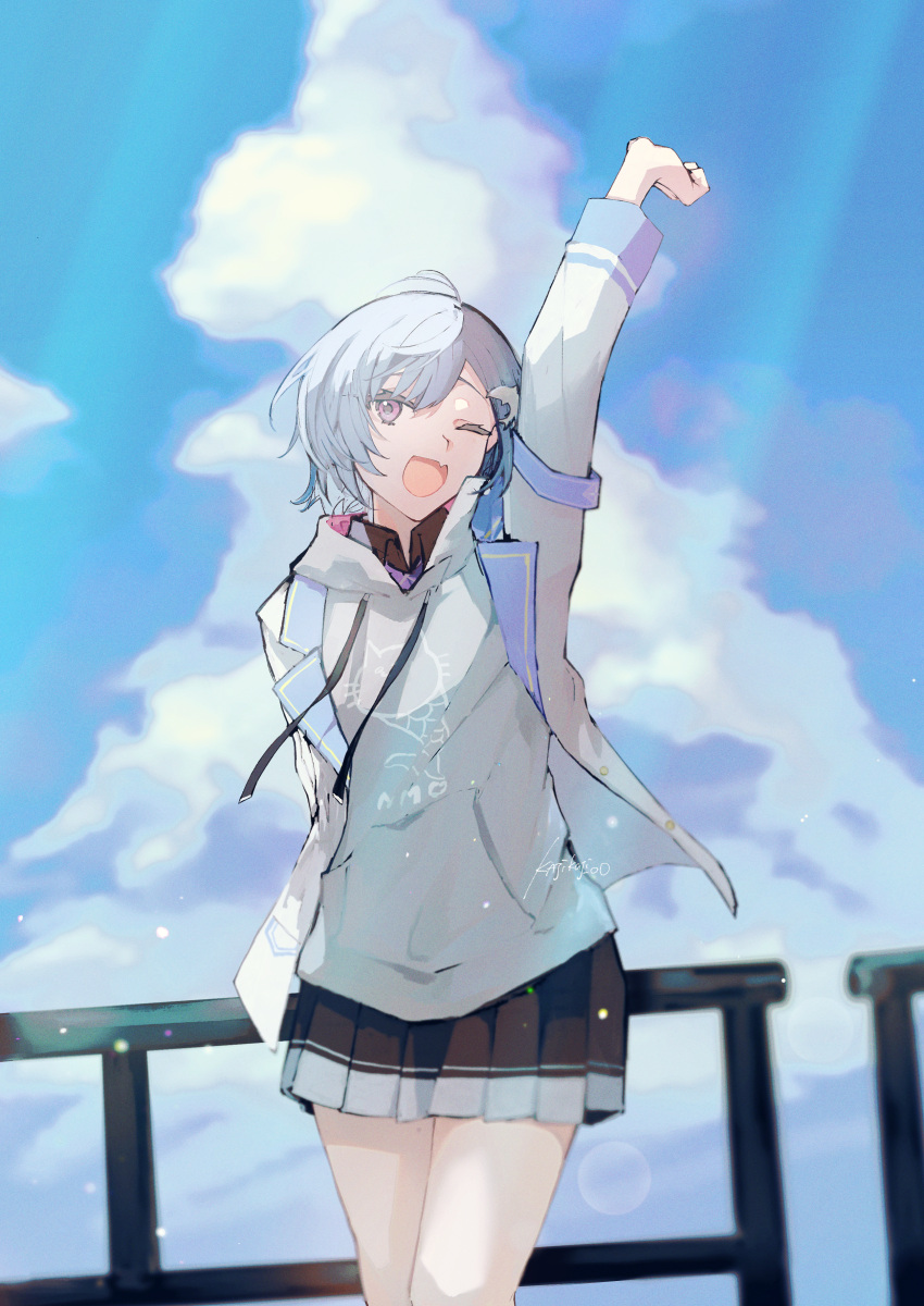 1girl absurdres arm_up artist_name black_skirt blue_hair blurry blurry_background clouds commentary cumulonimbus_cloud day dolphin_hair_ornament fang film_grain highres honkai:_star_rail_light_cone_parody_(meme) hood hoodie jacket kajiwara_3 leaning lens_flare long_sleeves looking_at_viewer meme nijisanji nishizono_chigusa one_eye_closed open_clothes open_jacket open_mouth outdoors pleated_skirt railing shadow short_hair skin_fang skirt sky solo violet_eyes virtual_youtuber white_hoodie white_jacket yawning