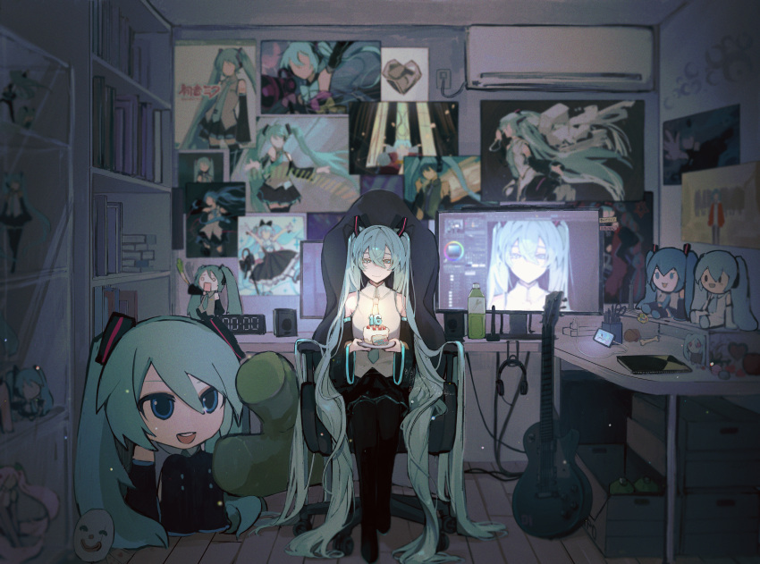 1girl absurdly_long_hair absurdres aimaina air_conditioner aqua_eyes aqua_hair aqua_necktie artist_name bare_shoulders birthday_cake black_footwear black_skirt black_sleeves bookshelf boots bottle cake cellphone chair character_doll charger clock closed_mouth collared_shirt commentary_request dappou_rock_(vocaloid) dated detached_sleeves digital_clock electric_guitar figure film_grain food frilled_shirt frills grey_shirt guitar hachune_miku hair_between_eyes happy_birthday hatsune_miku headphones highres holding indoors instrument kajiwara_3 karakuri_pierrot_(vocaloid) light_particles long_hair looking_at_viewer magical_mirai_(vocaloid) magical_mirai_miku magical_mirai_miku_(2023) melt_(vocaloid) monitor necktie painttool_sai partial_commentary phone pleated_skirt poppippoo_(vocaloid) poster_(object) rolling_girl_(vocaloid) sakura_miku shinkai_shoujo_(vocaloid) shirt sitting skirt sleeveless sleeveless_shirt smartphone solo spring_onion stationery suna_no_wakusei_(vocaloid) thigh_boots twintails unknown_mother_goose_(vocaloid) very_long_hair vocaloid wide_sleeves